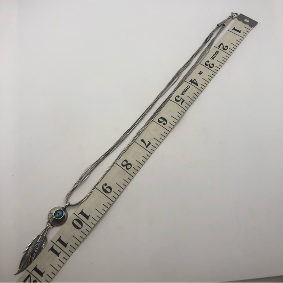 Vtg Navajo Sterling & Turquoise & Feather Pendant Liquid Silver Chain 20” + 2.5” - Picture 7 of 8